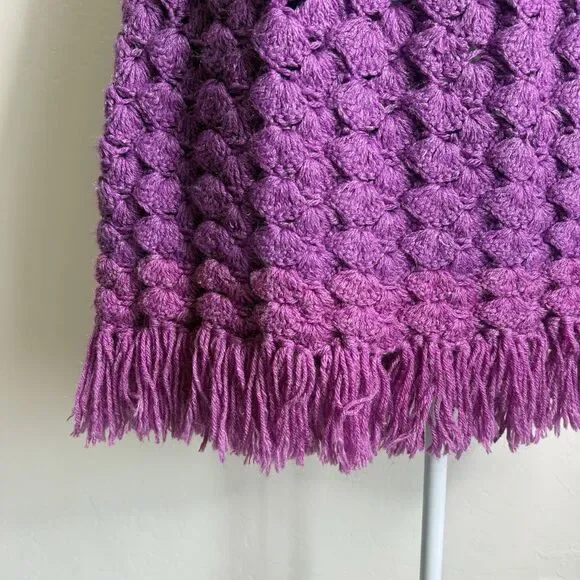 Handknit Crochet Purple Cape Poncho Wrap Sweater Chunky Fringe Granny Beige Boho - Picture 10 of 15